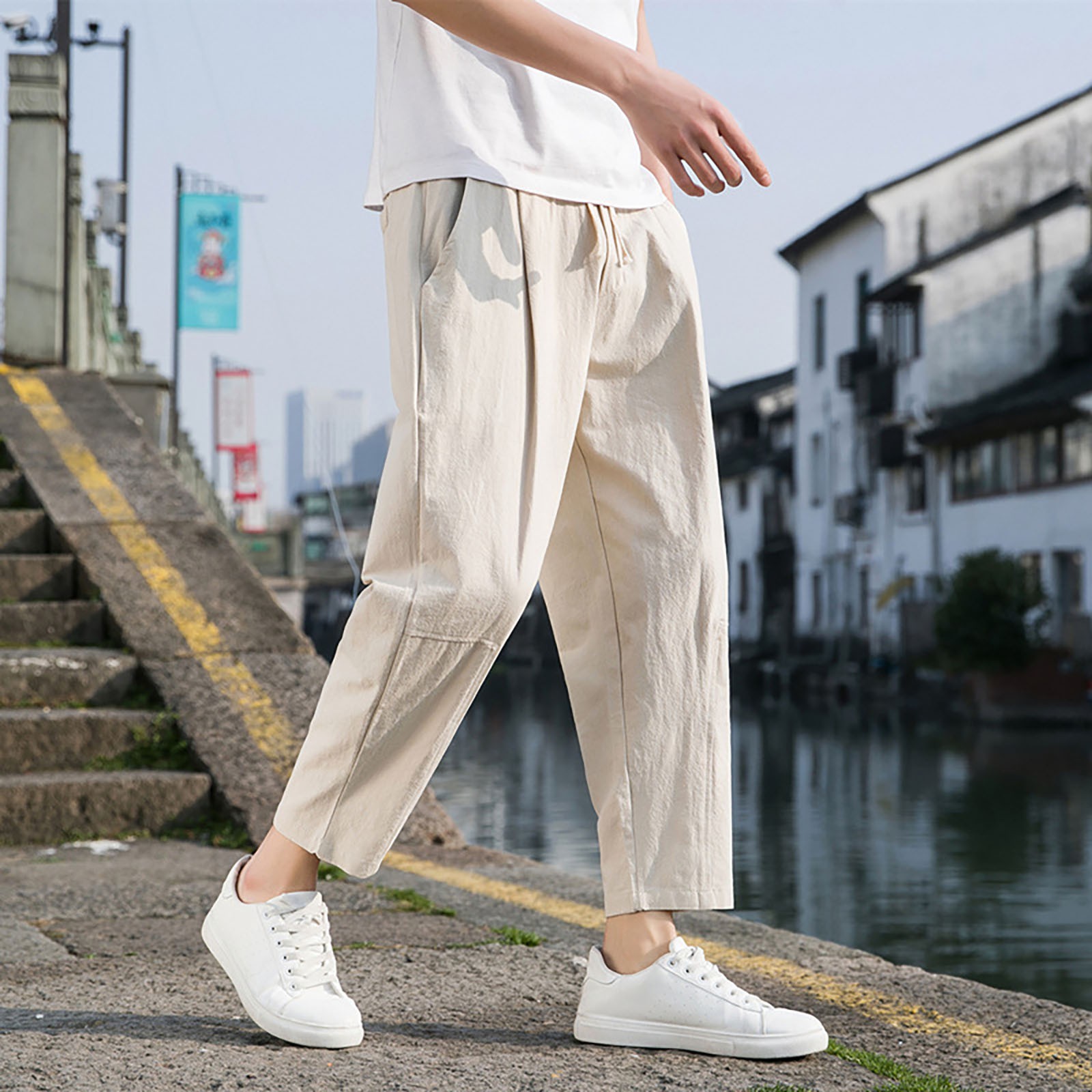 thumbnail image 5 of Pantalones informales rectos y holgados para hombre: estilo coreano, cintura elástica, tejido de alta calidad para primavera/verano, 5 of 5